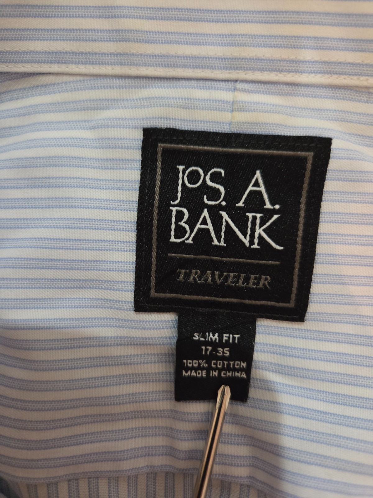 Mens 17 – 35 JOS A BANK Blue Striped Dress Shirt Traveler Button Down Collar