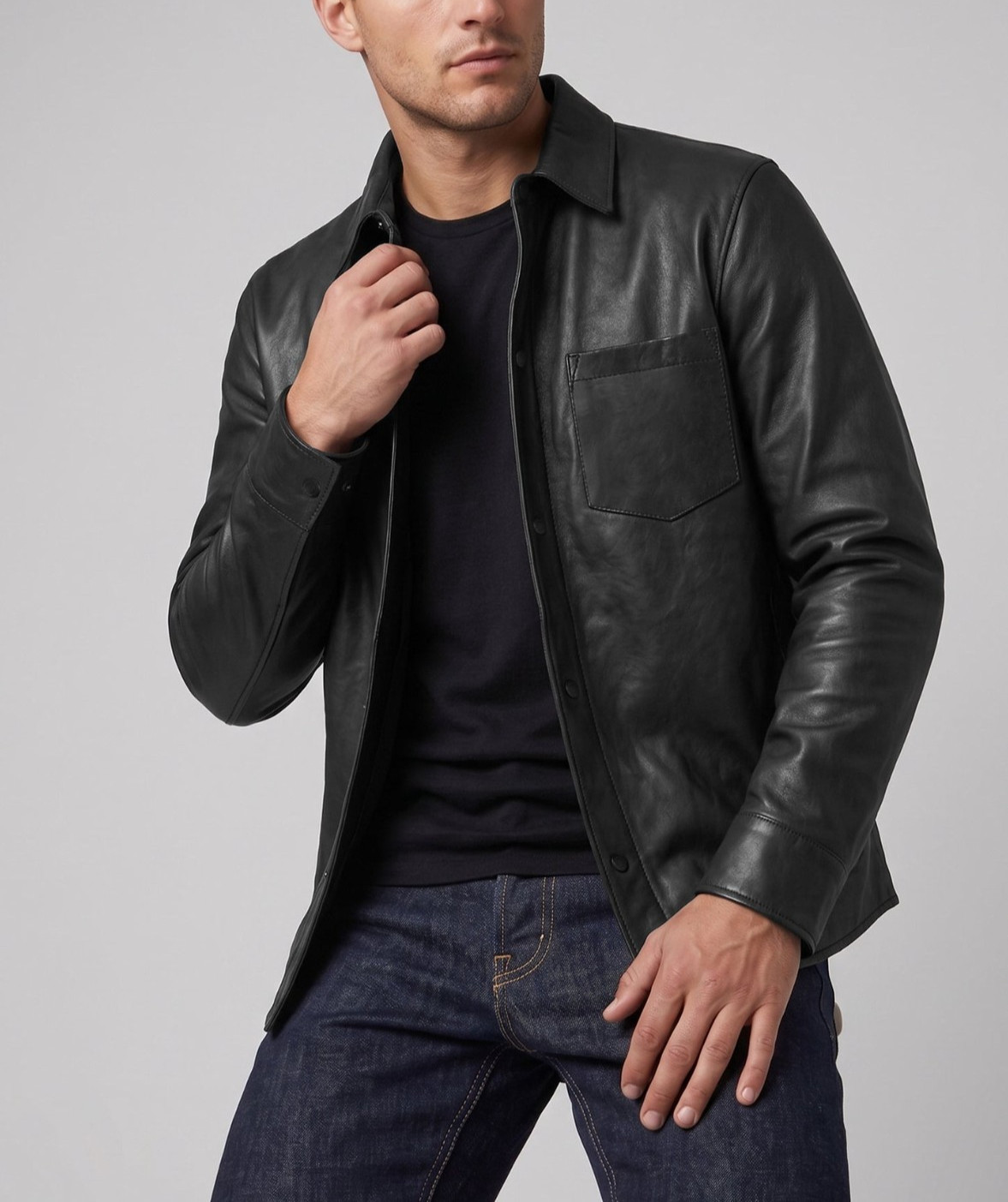 Mens Dark Black Suede Leather Shirt Jacket Casual Shacket Slim Fit Overshirt New
