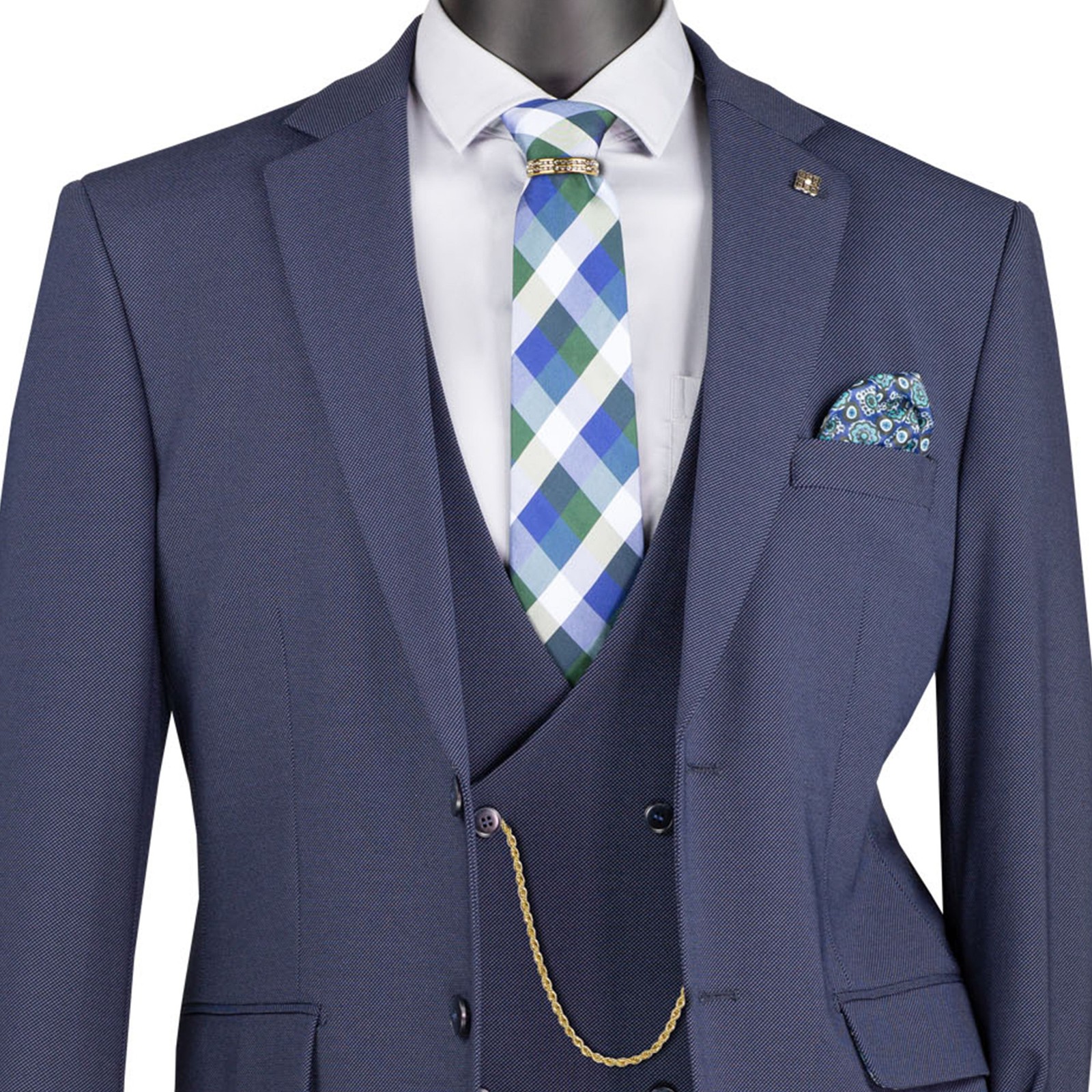 VINCI Men’s Navy 3pc Super Stretch Modern Suit w/ Flex Waist – Washable – NEW