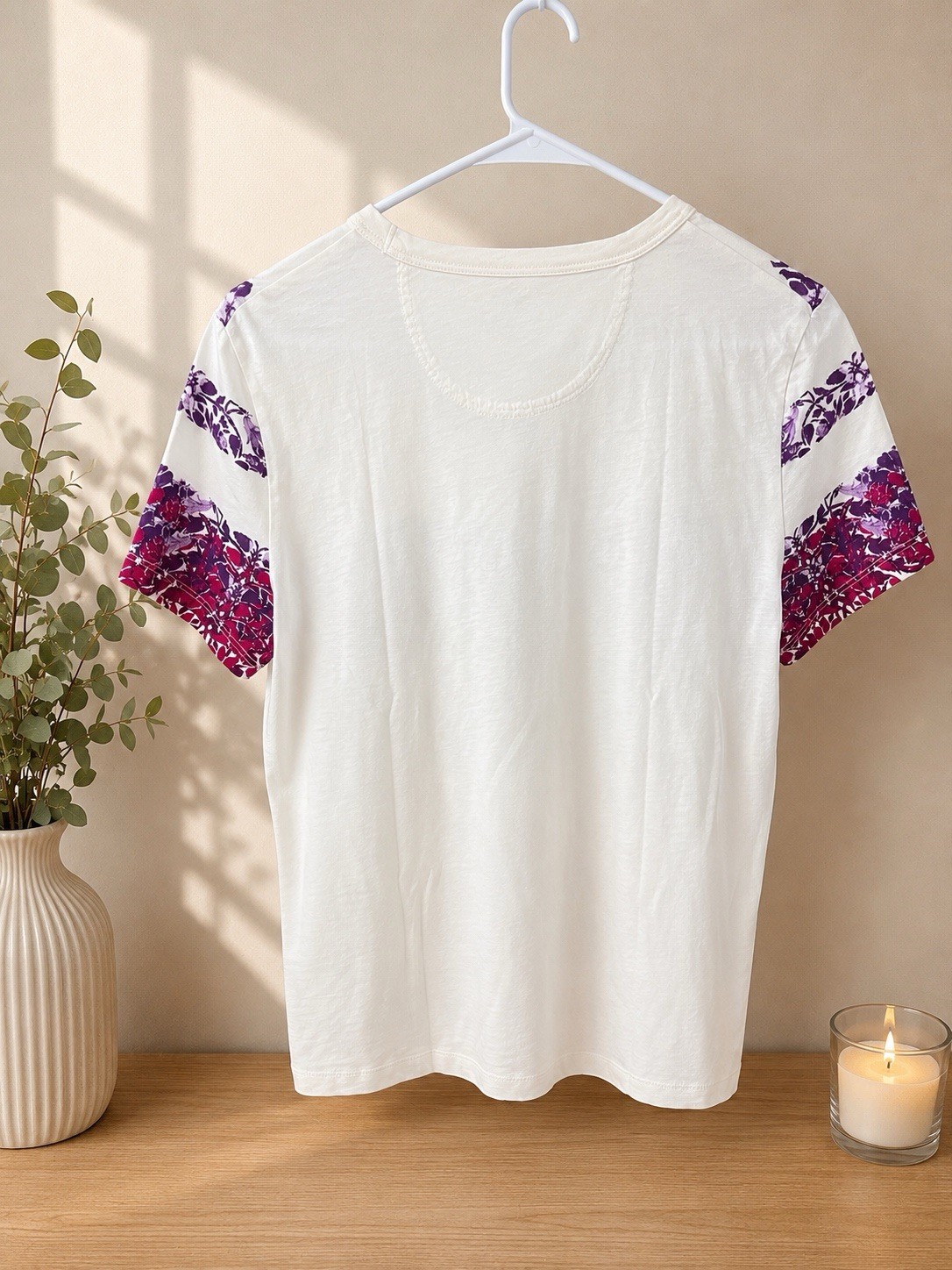 Tory Burch Women’s Floral Stripe Logo T-Shirt White Purple Pink Size M