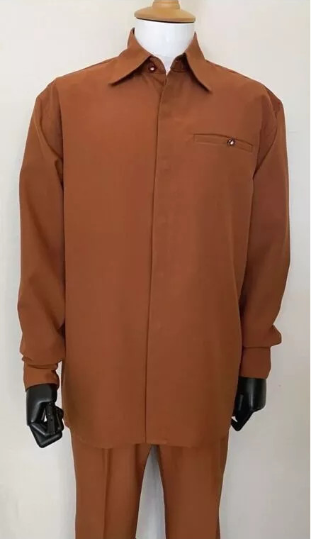Men’s 2pc Walking Suit Long Sleeve Casual Shirt & Pants Set Solid 8 Colors 2612