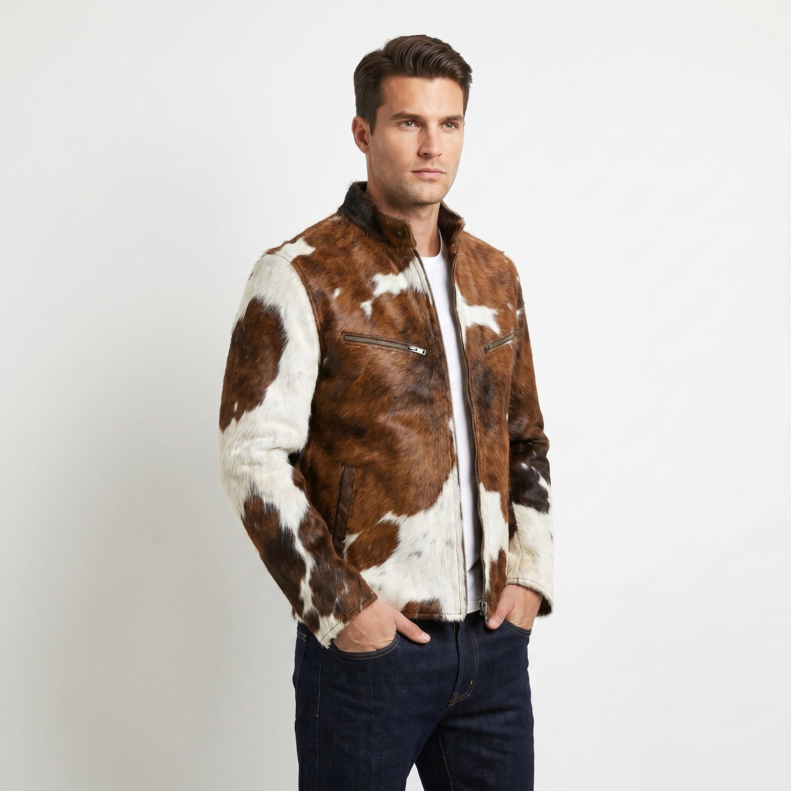 Mens Real Cowhide Leather Jacket Hair on Hide Cow Print Western Cafe Racer Coat