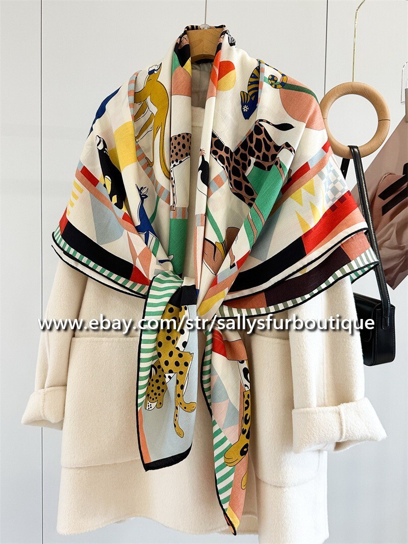 2025 Sallys 70% Cashmere 30% Silk Stole Animal Print Double Face Scarf Shawl 53″