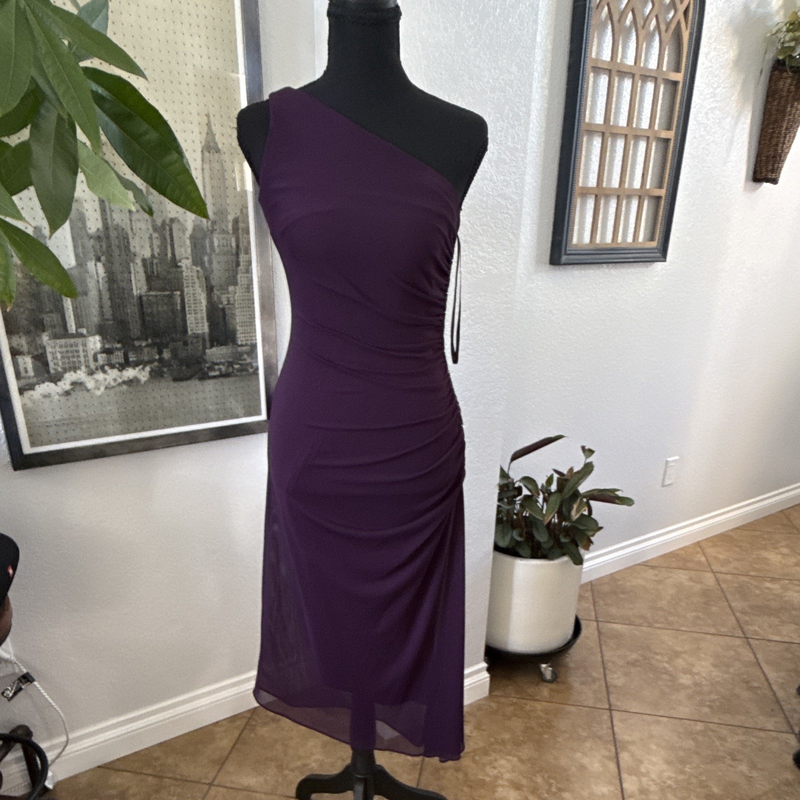 Laundry by Shelli Segal Women’s Purple One Shoulder Ruched Beaded Midi Dress 2