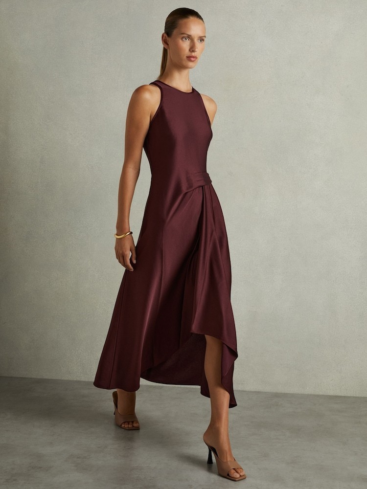 REISS Micah Burgundy Satin Drape Midi Dress in UK Size 14 Wedding Guest Occasion