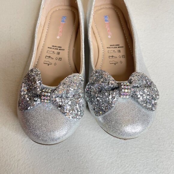 KidExpress Silver Glitter Bow Ballet Flats Girls Size EU 31