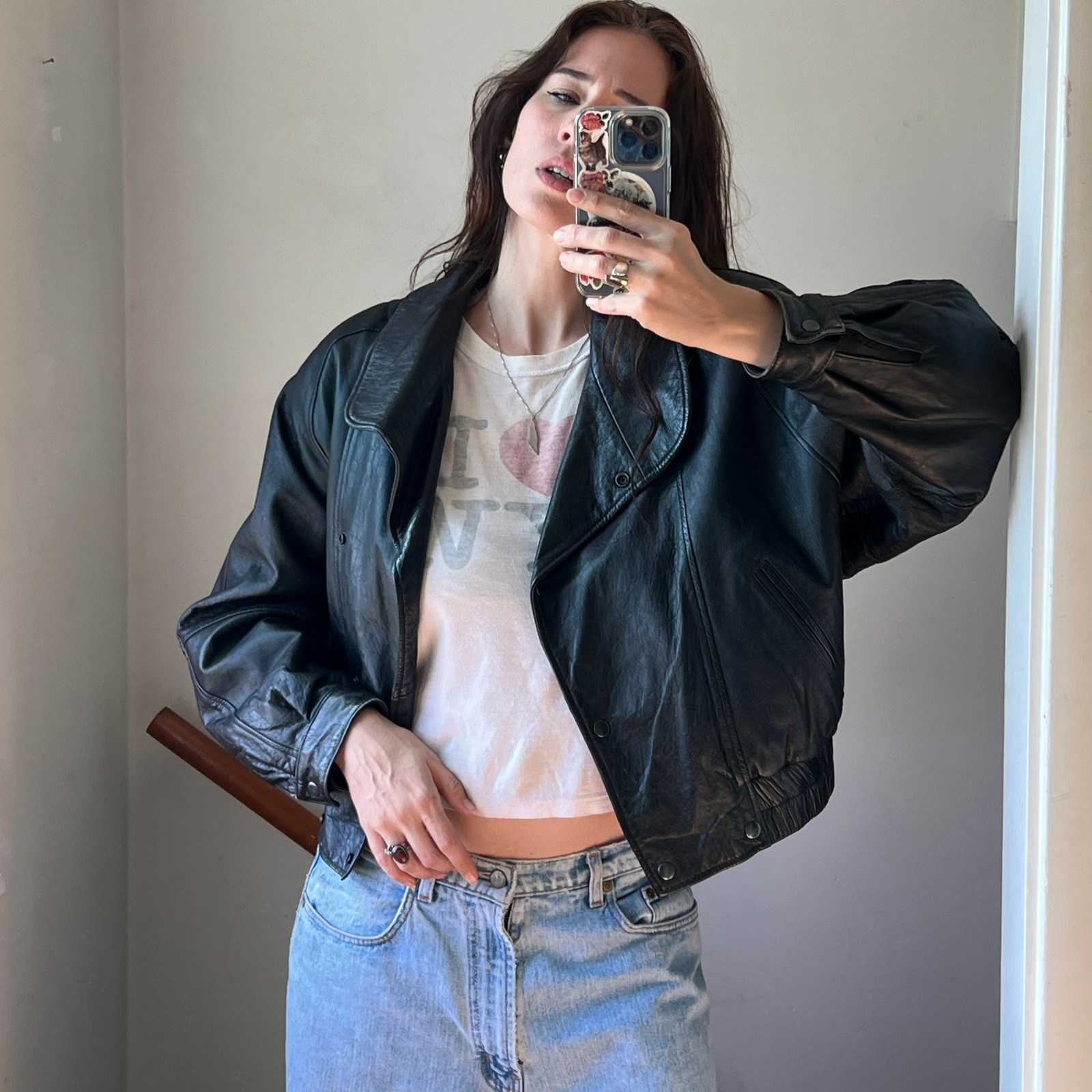 Vintage 80s Leather Jacket Black Cropped Statement Bomber Moto Biker 90s