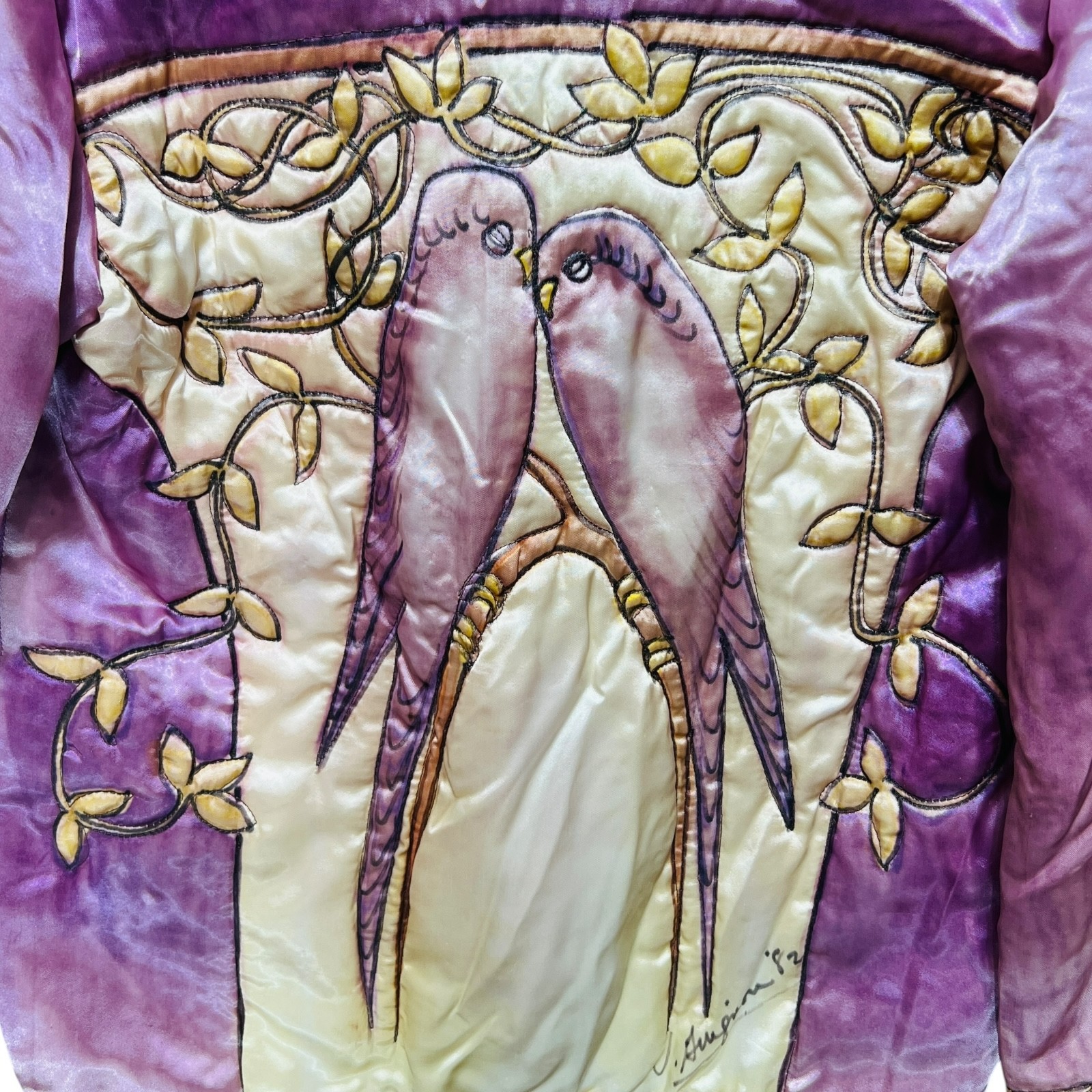 VTG Valery Guignon Hand Painted Silk Quilt Jacket Sz M Wearable Art Birds Signed