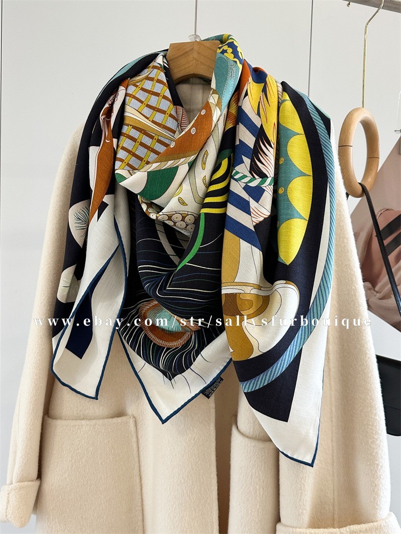 Sallys 70% Cashmere 30% Silk Wrap Scarf Feather Print Double Face Shawl 53″ Navy