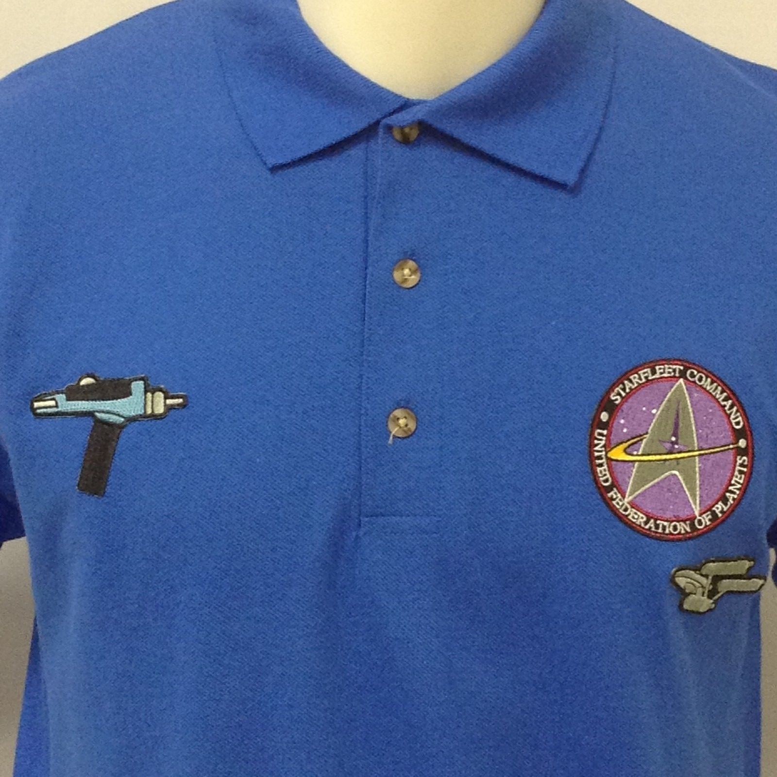 Mens Polo Shirt -STAR TREK -STARFLEET-Size XL -MERIT BADGES TOS Patches NWT