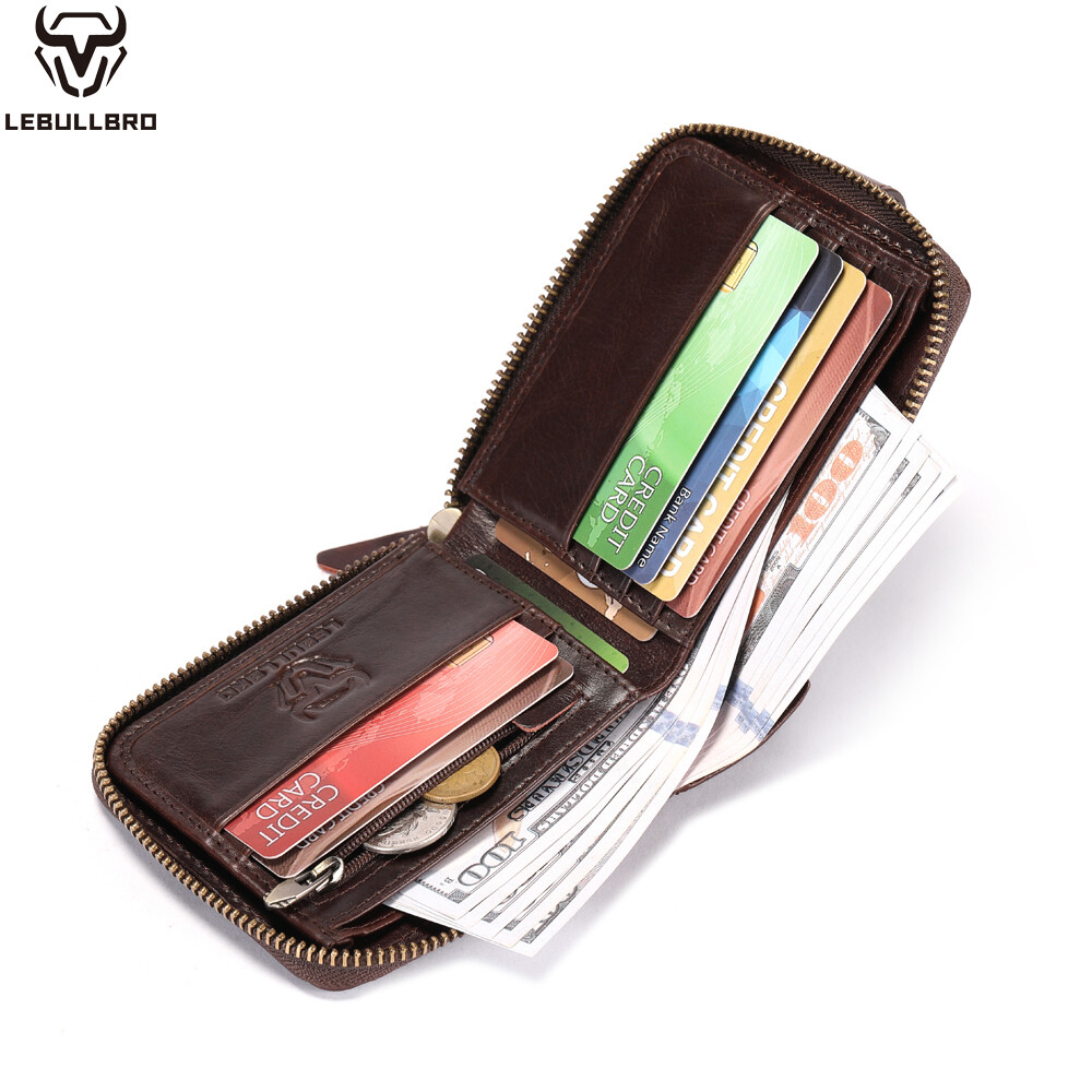 Mens Genuine Leather Zipper Wallet RFID Blocking Bifold Zip Around Card Holder