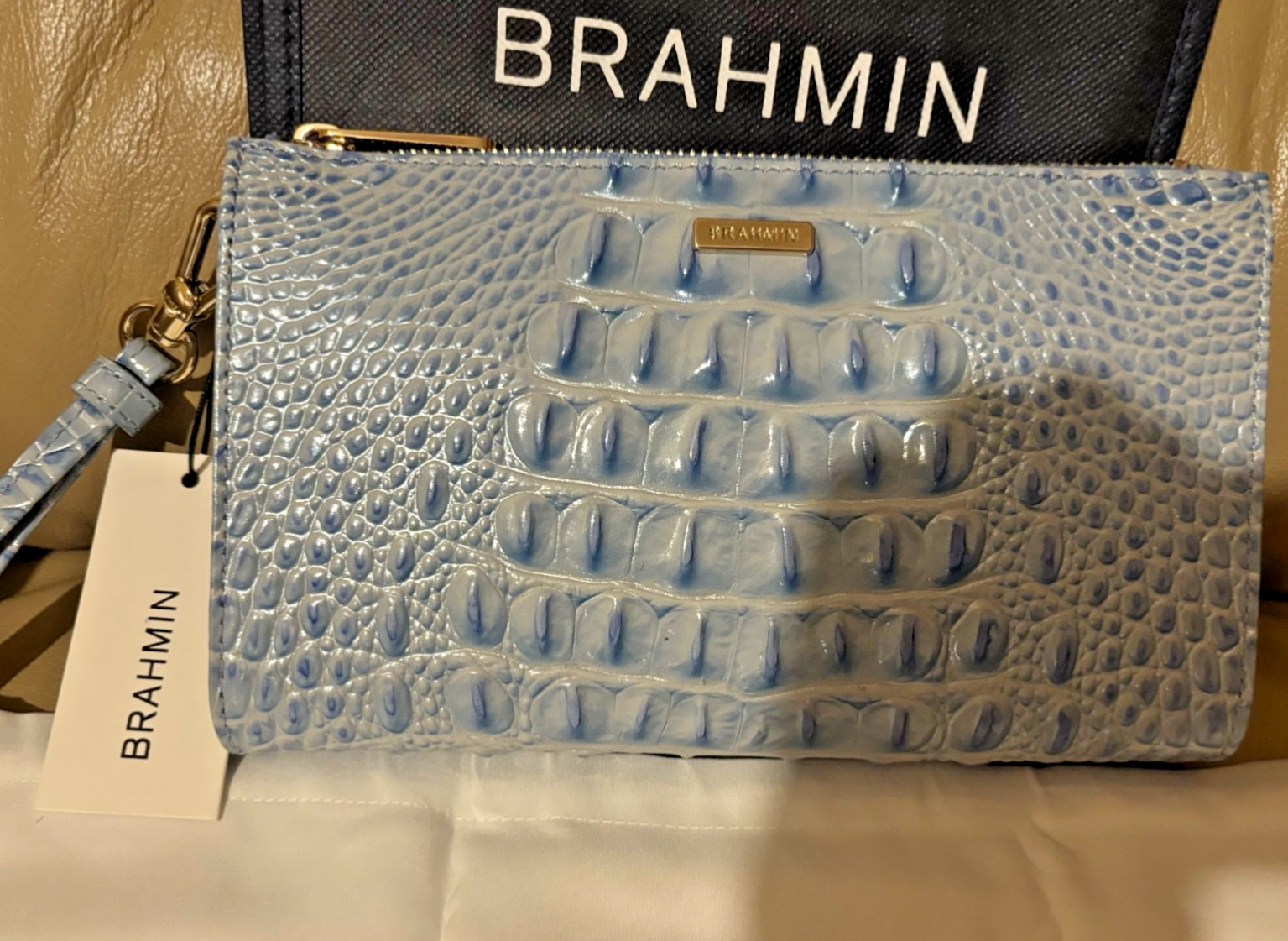 NEW – BRAHMIN DAISY DAISY, BLUE OMBRE CROCODILE LEATHER CLUTCH WITH DETACHABLE