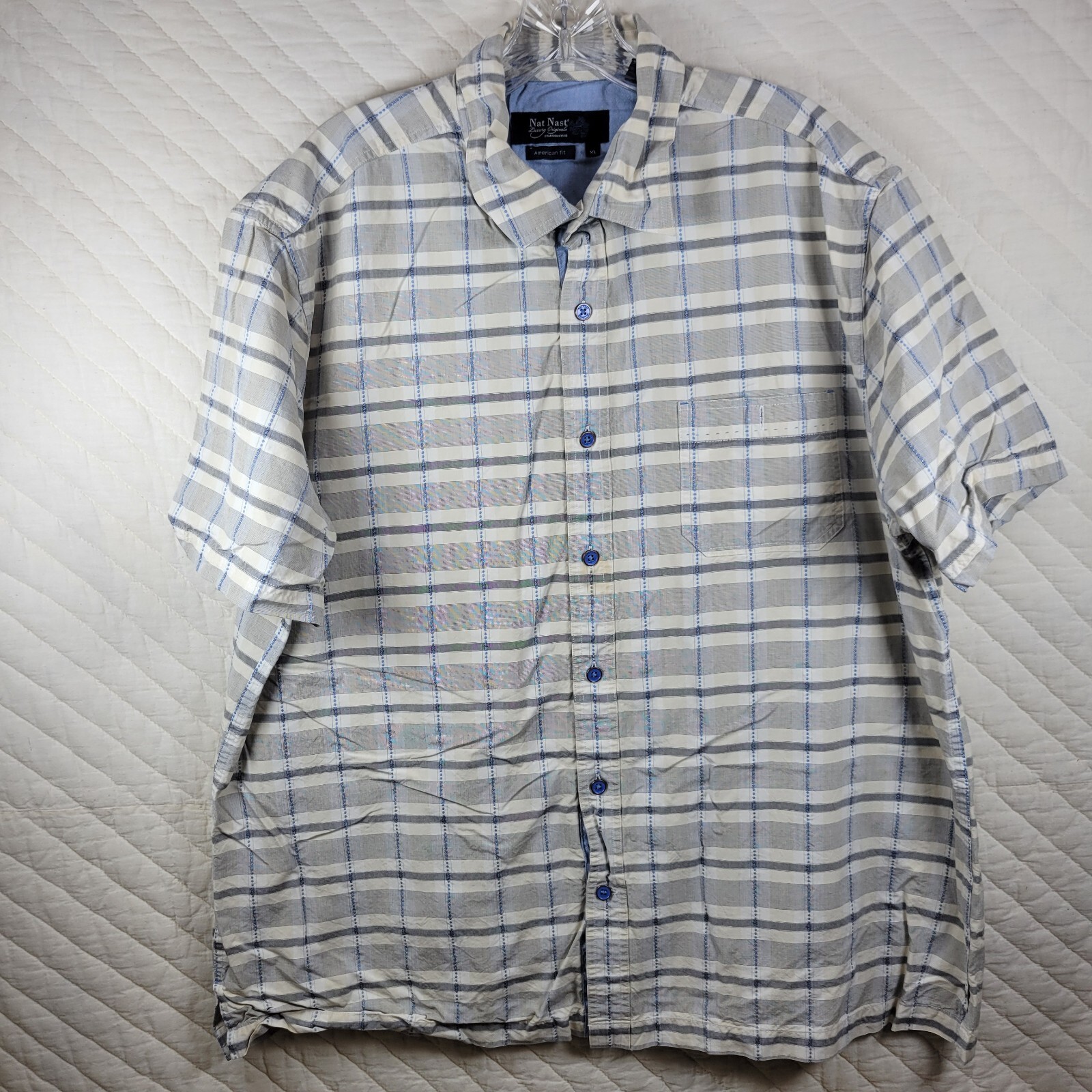 Nat Nast Shirt Mens Extra Large XL Short Sleece Beige White Plaid Silk Blend