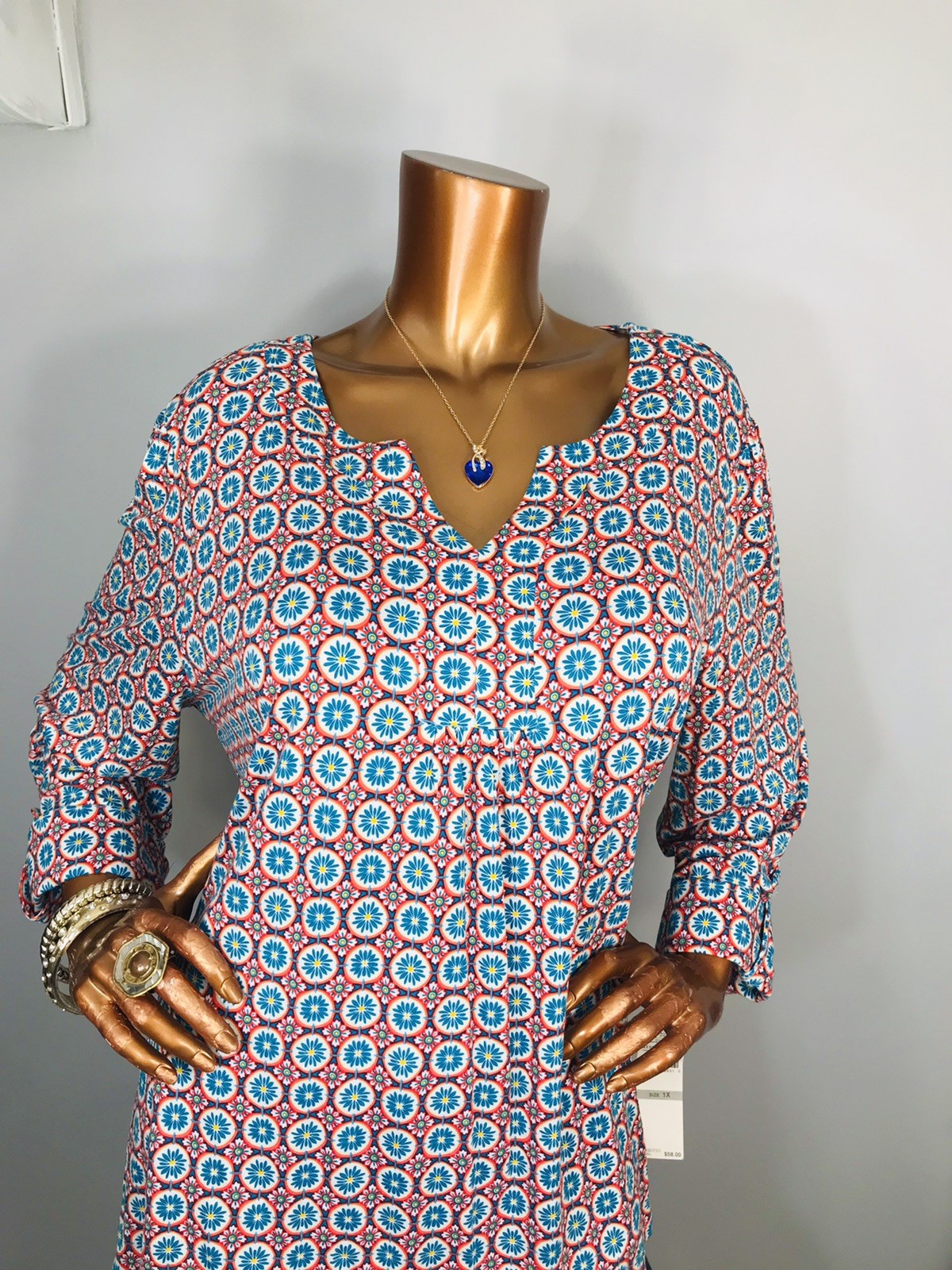 Ruby Rd. 1X Plus Top NWT $58 Stretch Low Cut Floral Geometric Prints Blouse 3/4