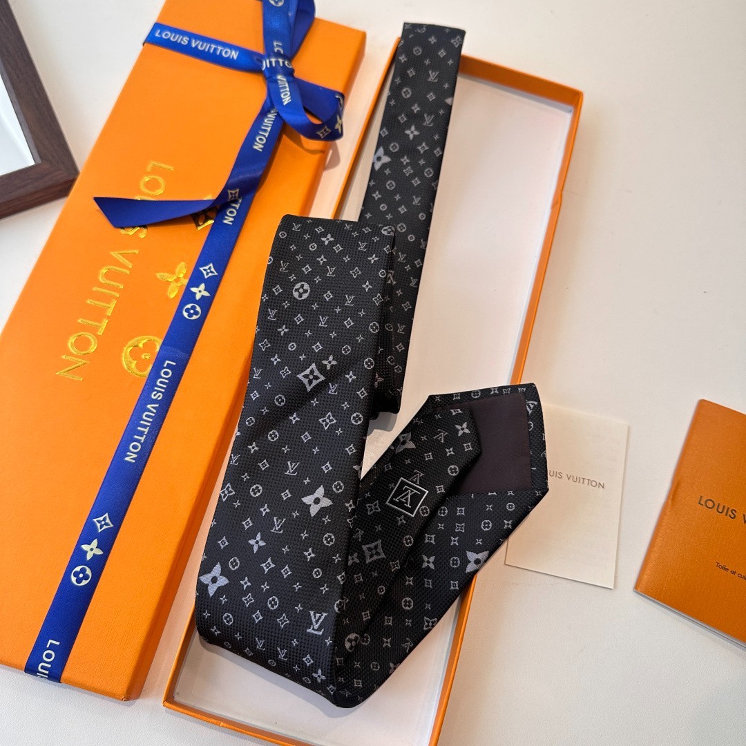L.V. Paris Designer Silk Tie Black Grey Monogram Pattern Luxury Necktie w/ Box
