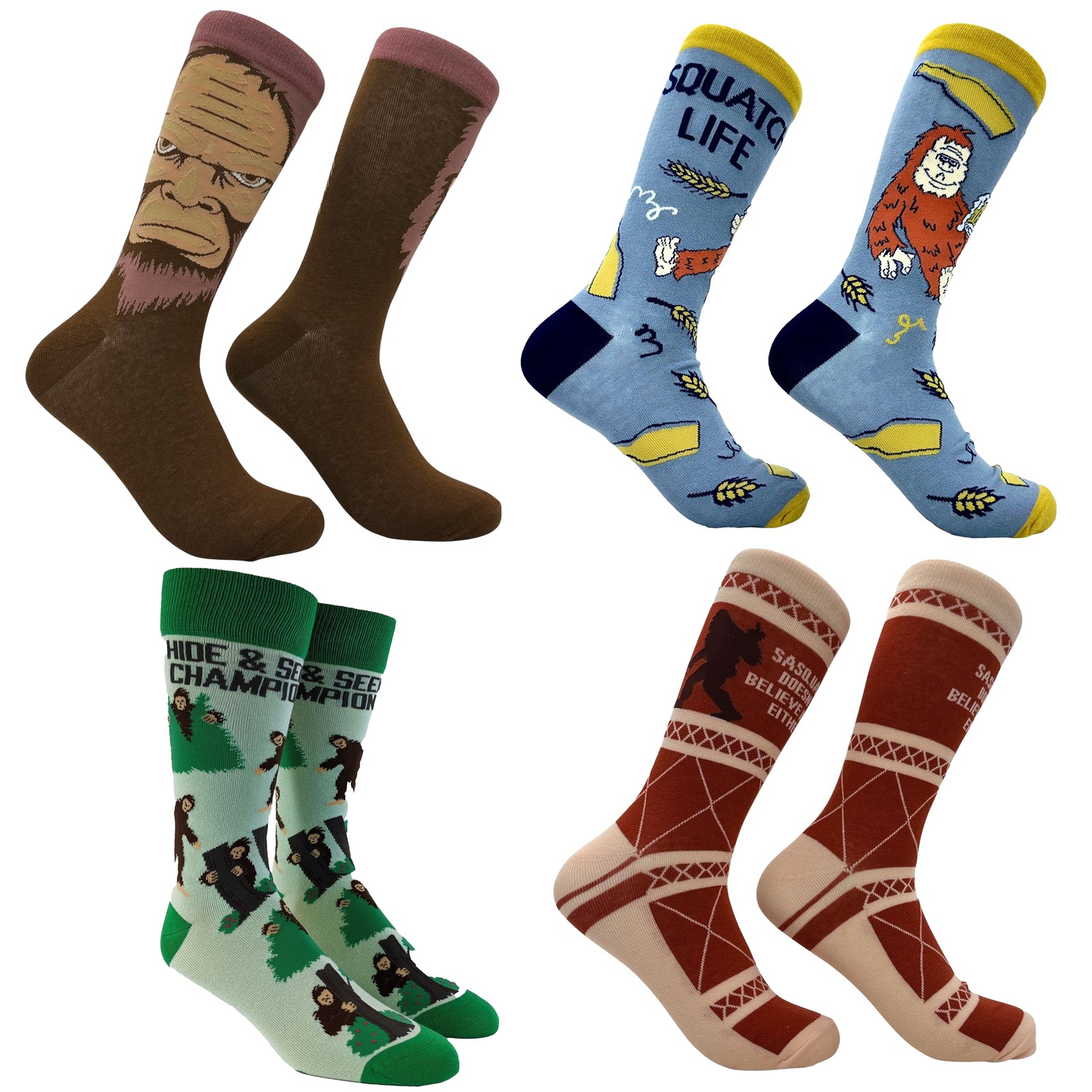 Men’s Sasquatch Socks Bundle (4 Pack) Funny Sarcastic Bigfoot Graphic Footwear