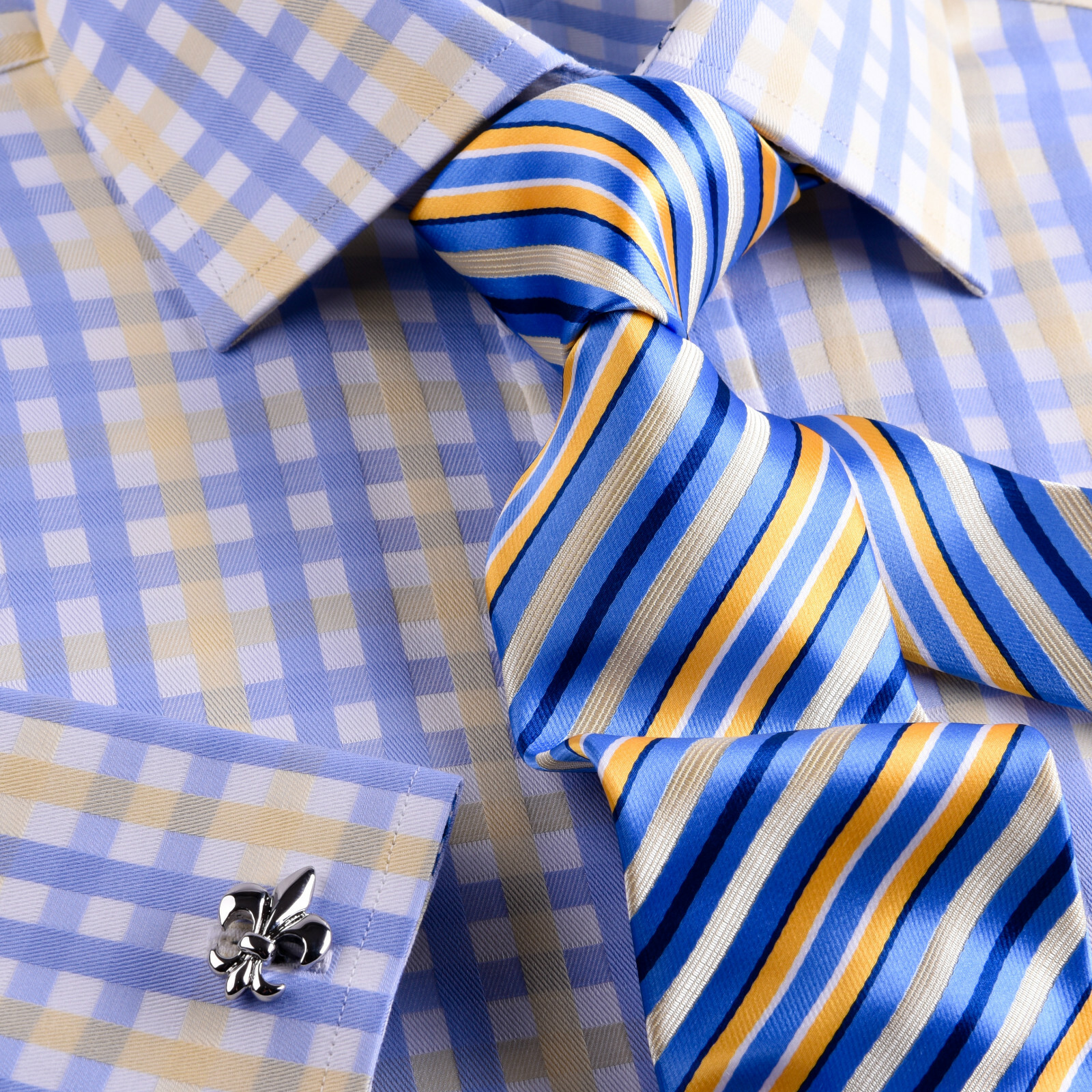 Mens Blue & Yellow Check Formal Business Dress Shirt Italian Floral Paisley Boss