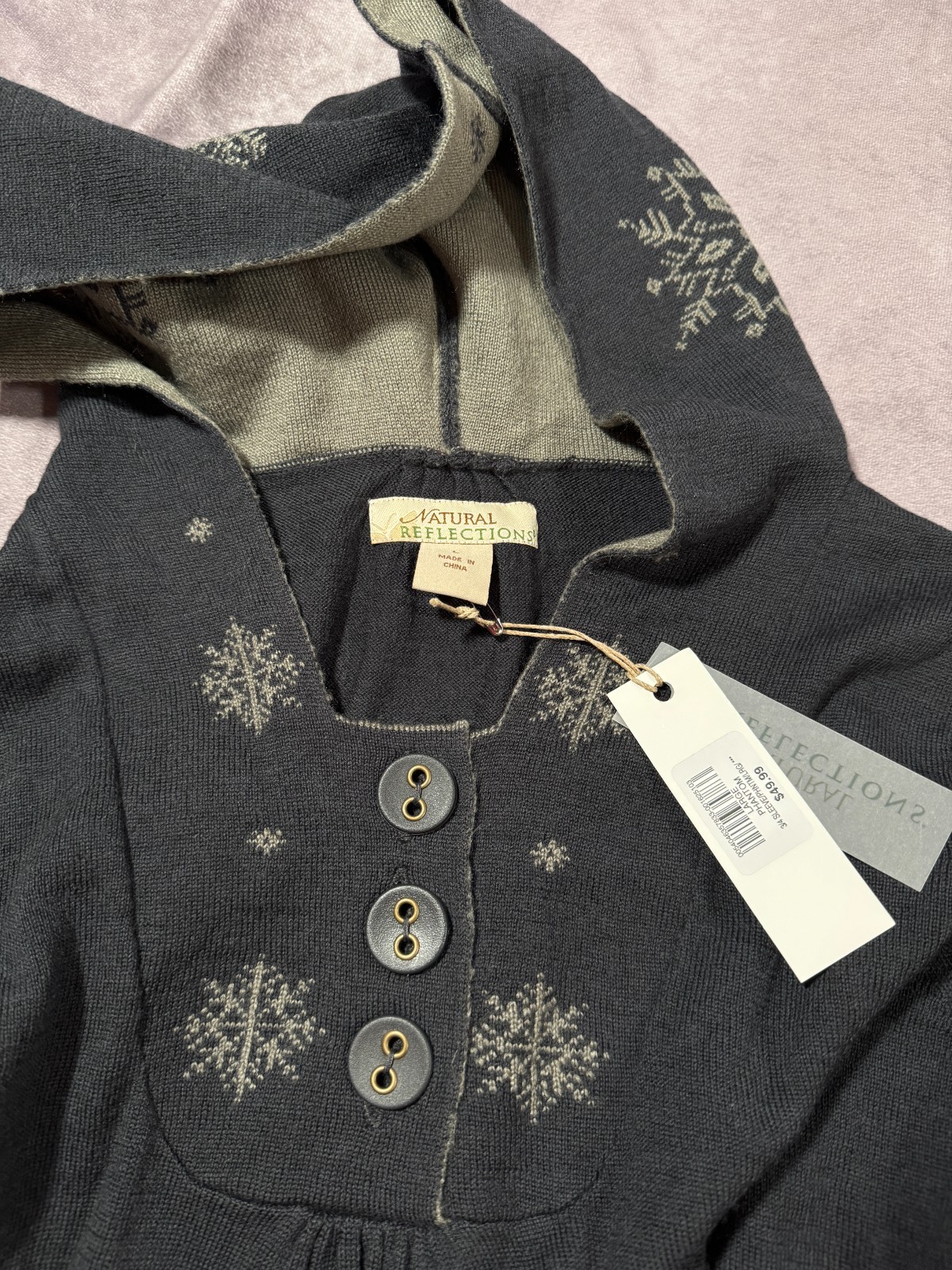 New Natural Reflections Wool Blend Sweater Hooded Snowflakes Buttoned LARGE