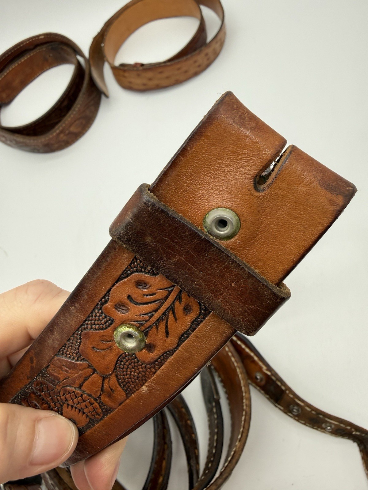 Lot of 5 Leather Belts Vintage Western Style Buckle Replacement Parts See Photos