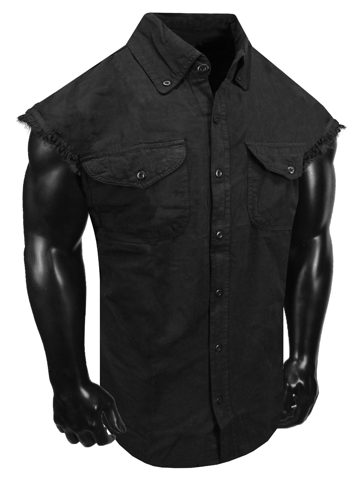 Twill Western Shirt Sleeveless Biker Mens Workwear Cotton Button Pockets Stretch