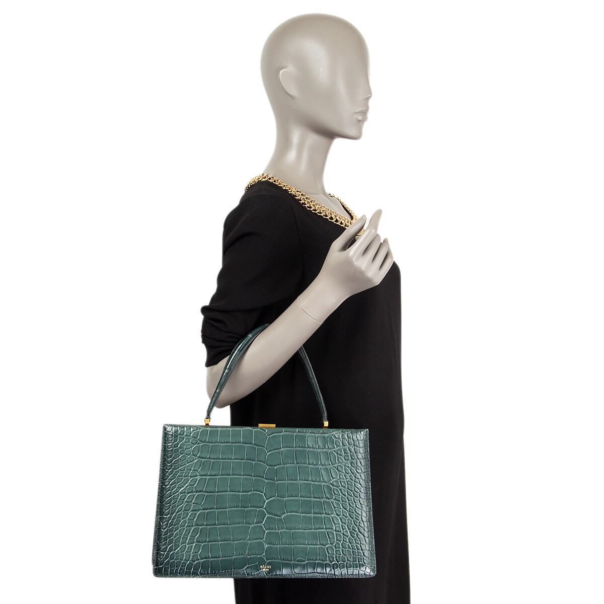 63581 auth CELINE Cypress green CROCO MEDIUM CLASP Top Handle Bag