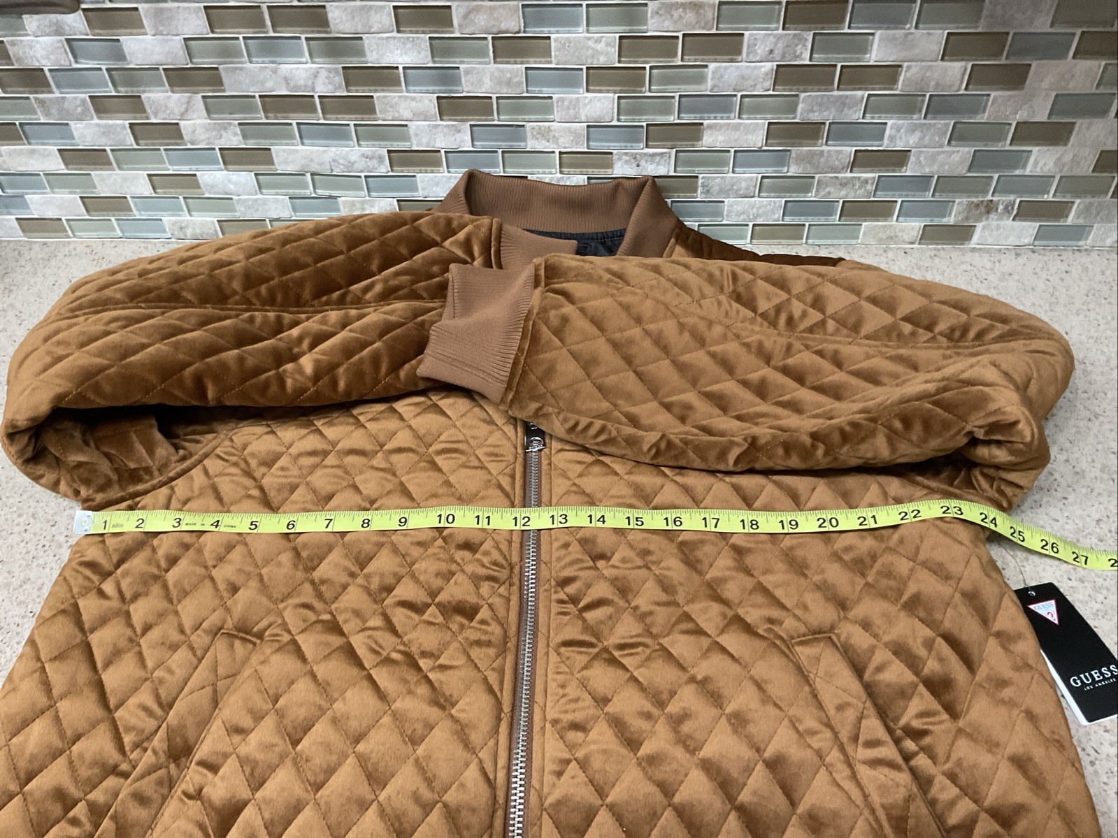 Mens Guess Jacket Velvet Quilted Full Zip Bomber Sz XXL Muted Gold 48×28” New