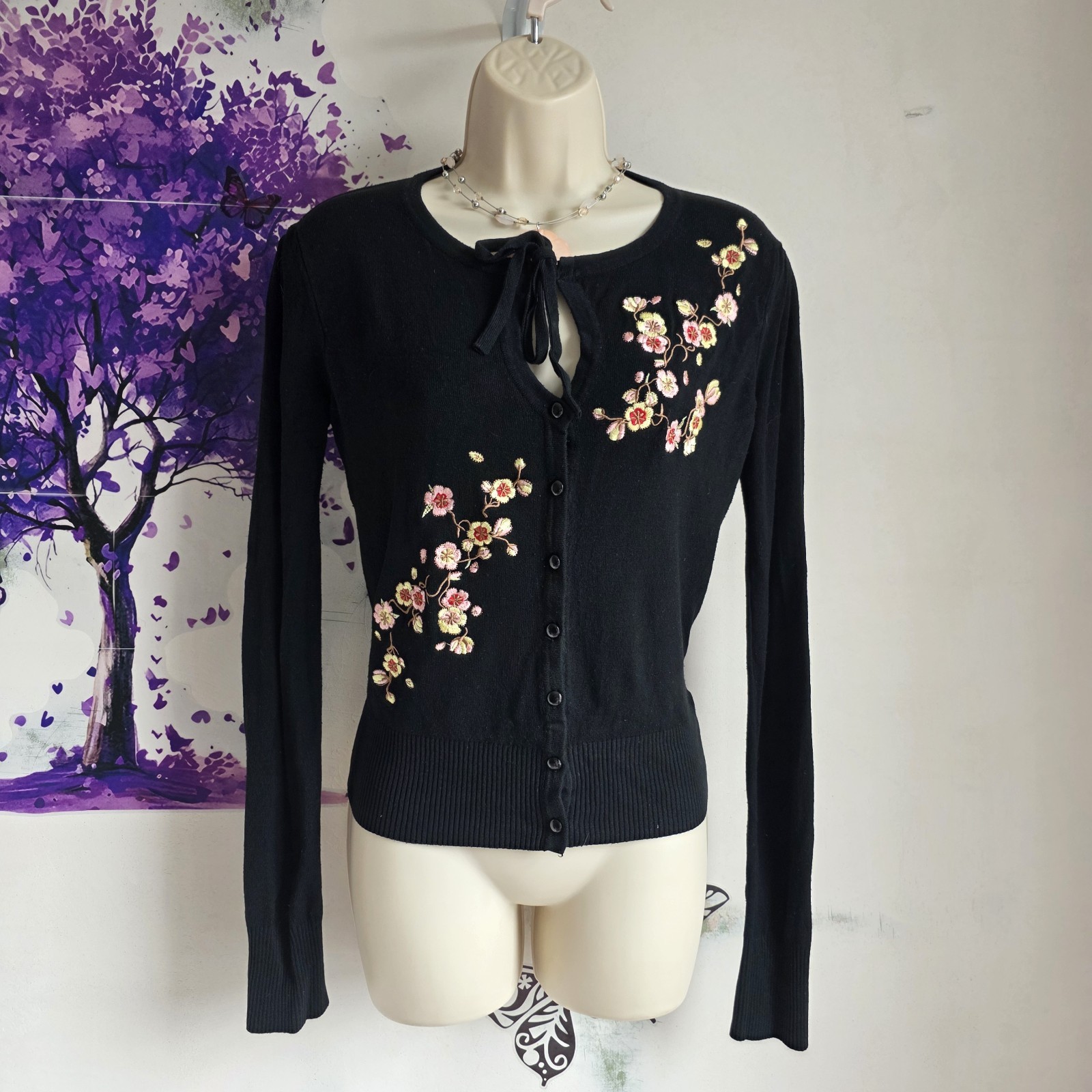 Dancing Days by Banned Retro Cardigan Black Embroidered Floral Blossom 12 14