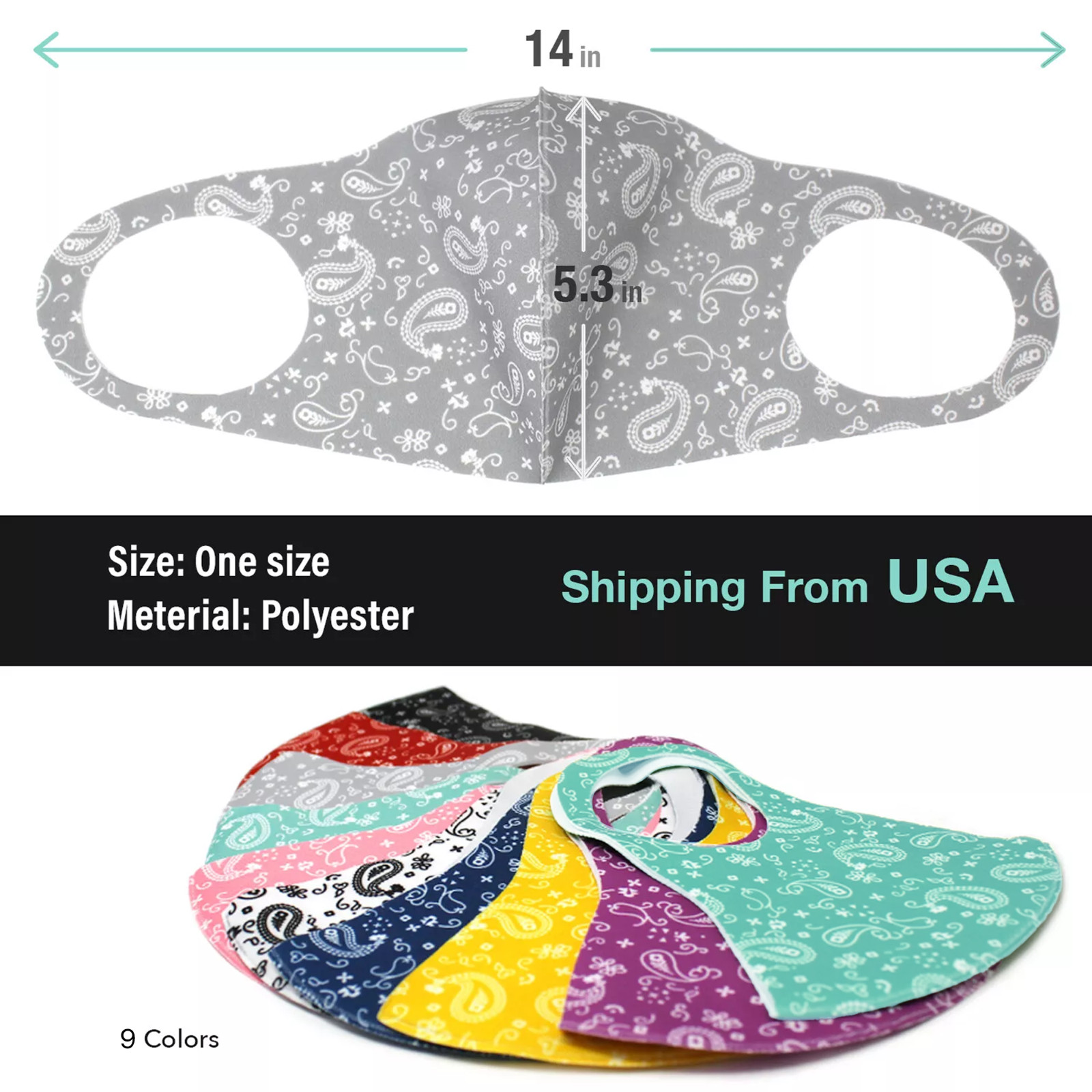 Unisex Reusable Washable Breathable Fashion Paisley 10 PACK Face Masks 10 Colors