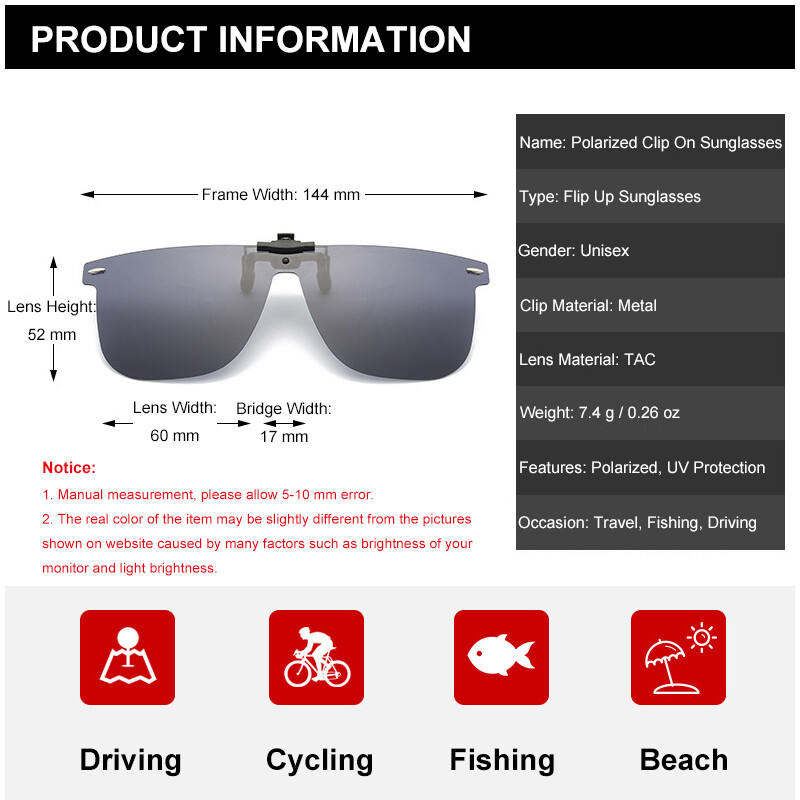Polarized Clip-on Sunglasses Metal Clip Rimless Lens Over Prescription Glasses