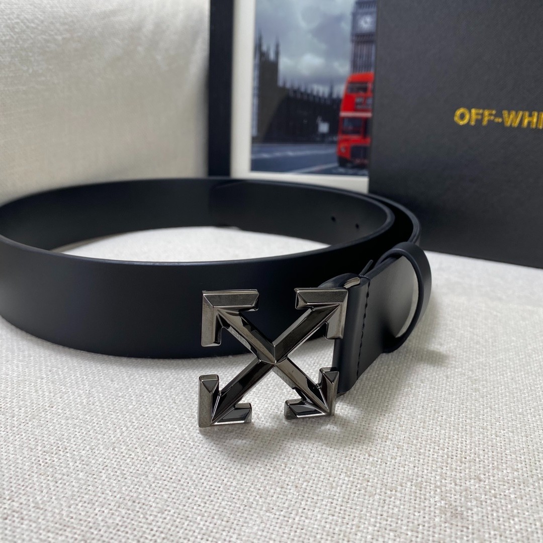 Authentic Off-White Men’s Leather Belt 3.8cm/1.5″ Width Dark Black/New