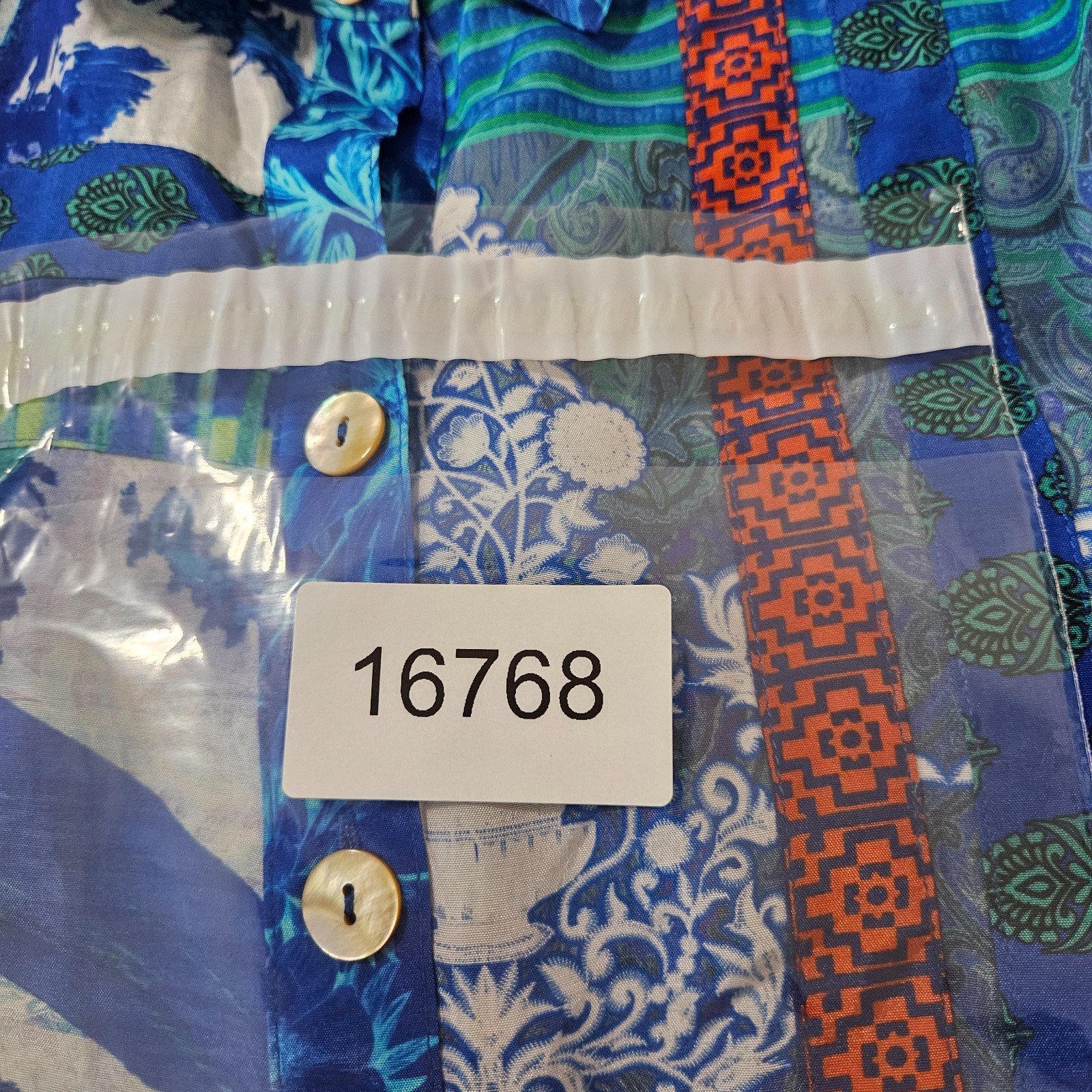 $119 NEW John Mark Shirt Top Women 1X Button Up Geometric Print Blue Tone