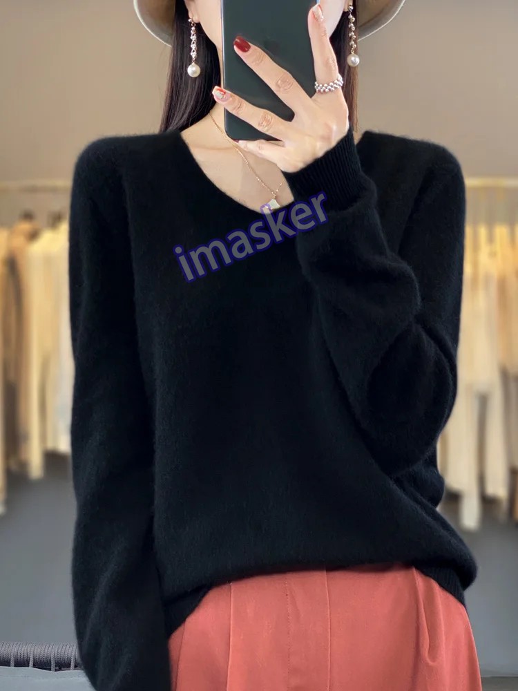 Women’s V-neck Pullover Sweater Knitwear Soft Warm Cashmere Loose Grace Style