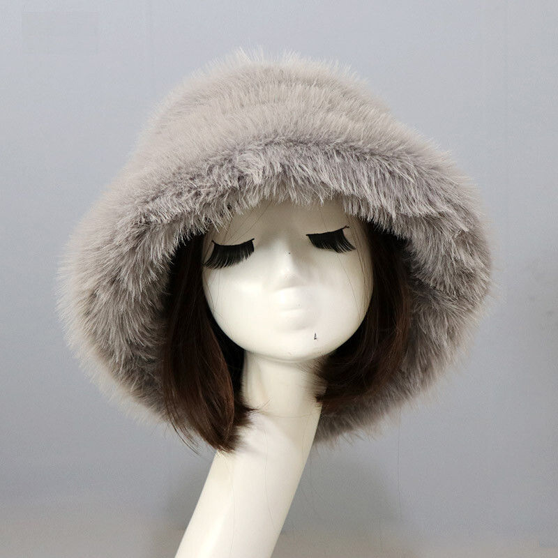 Women’s Fuzzy Bucket Hat Winter Fluffy Furry Plush Faux Fur Hats Fisherman Cap