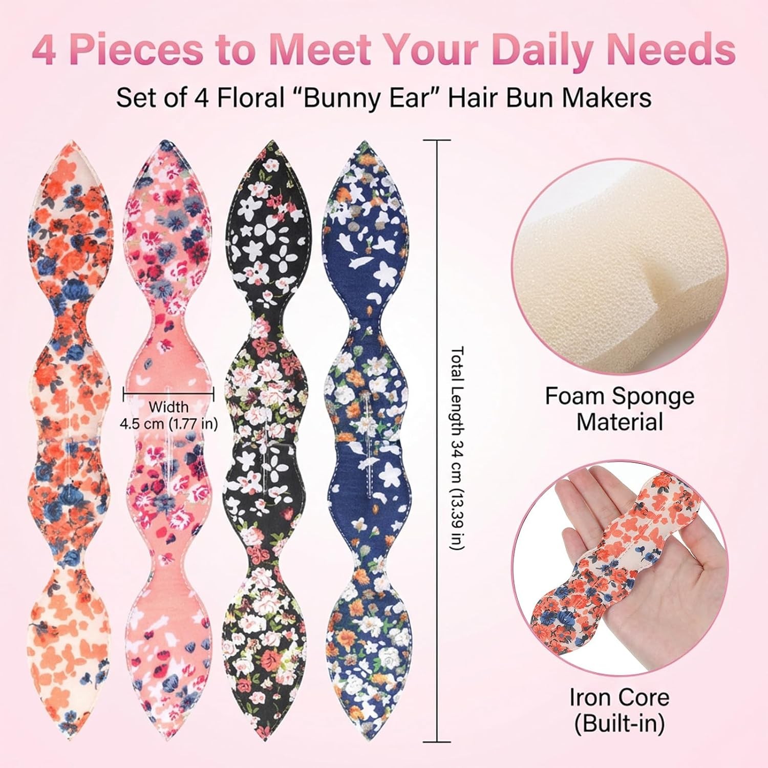 4 Pcs Hair Bun Maker French Twist Shaper Snap Roll Sponge Curler Clips Rabbit