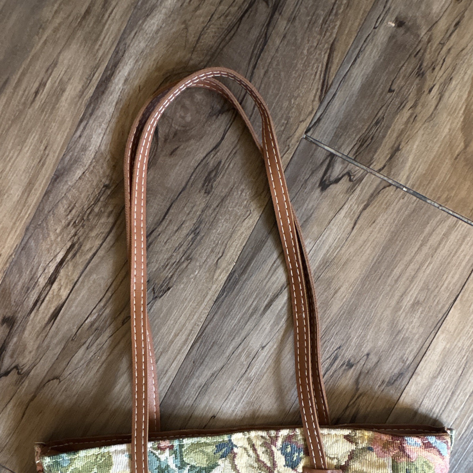 Floral Tapestry Tote Bag Snap Closure Lined Brown Faux Leather Double Handles