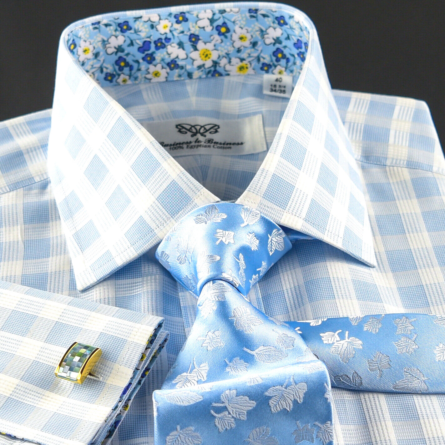 Blue Check Formal Business Dress Shirt Wih Cool Floral Inner Lining French Cuffs