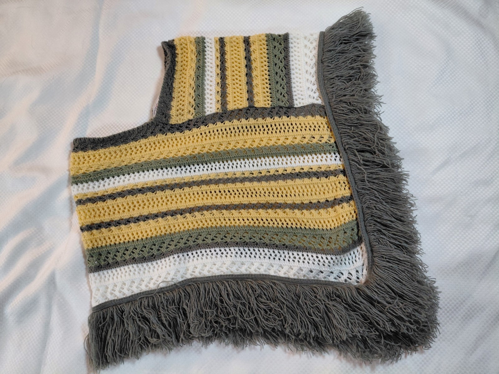 Bohemian Striped Yellow, Gray Acrylic Girls Poncho Large Fringe Made In USA