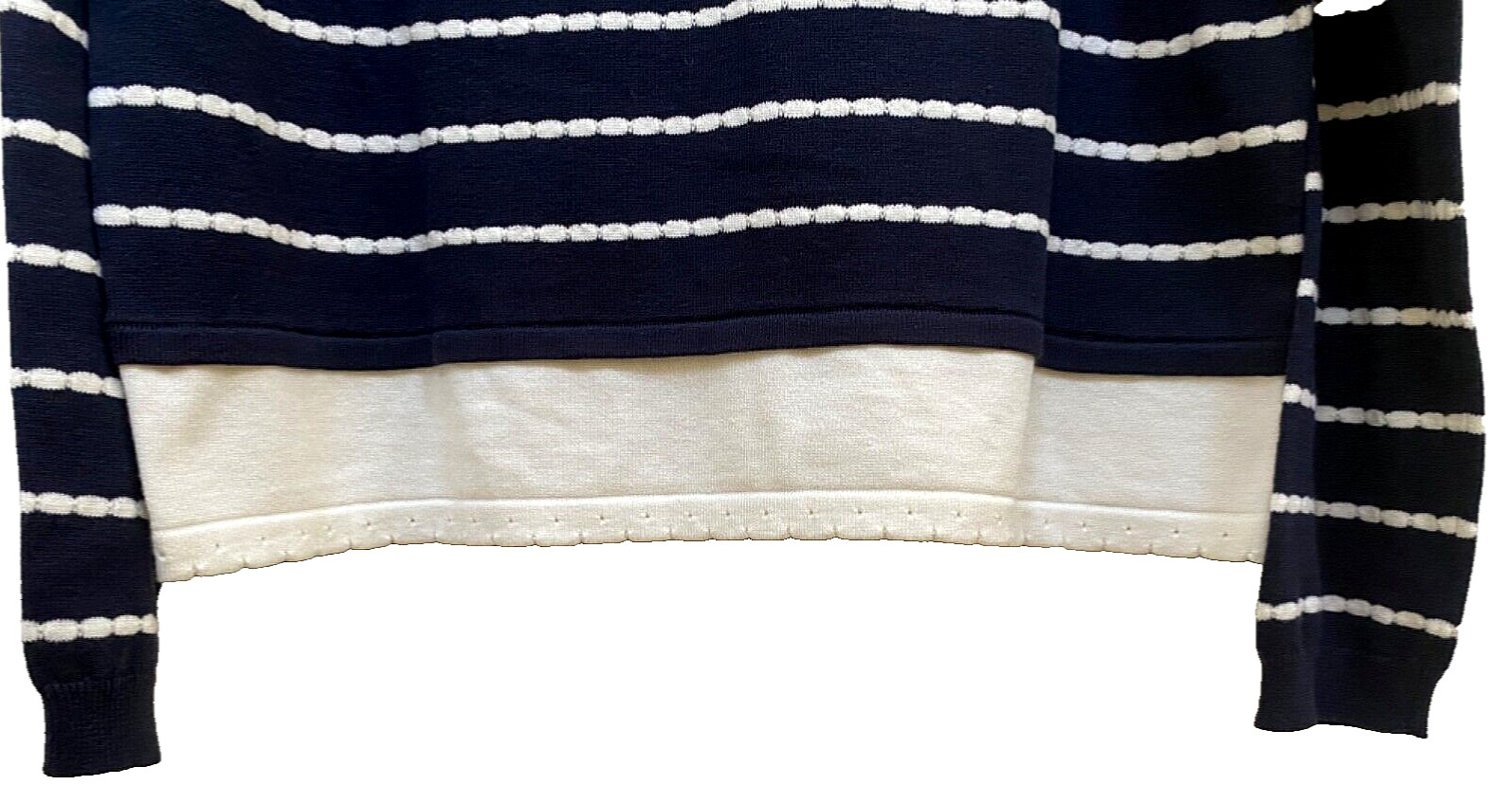 Lynn $79 Women’s M. Pullover Sweater Navy Blue w/White Pearl-Chain /Contrast Hem
