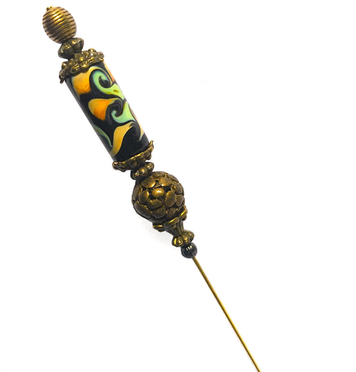 Hatpin with Vintage Tibetan Design & antique Bronze & Hand Made Artisan Ceramic