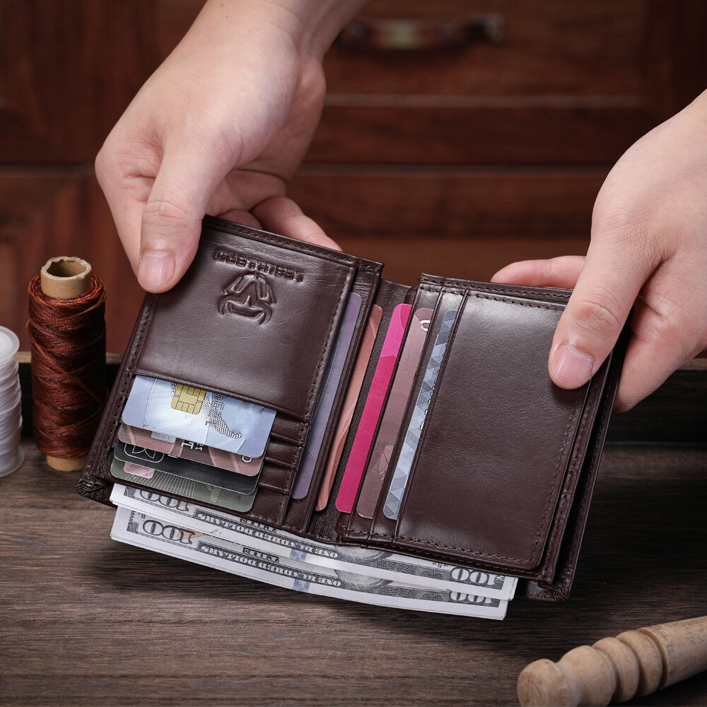 Mens Genuine Leather Zipper Wallet RFID Blocking Bifold Zip Around Card Holder