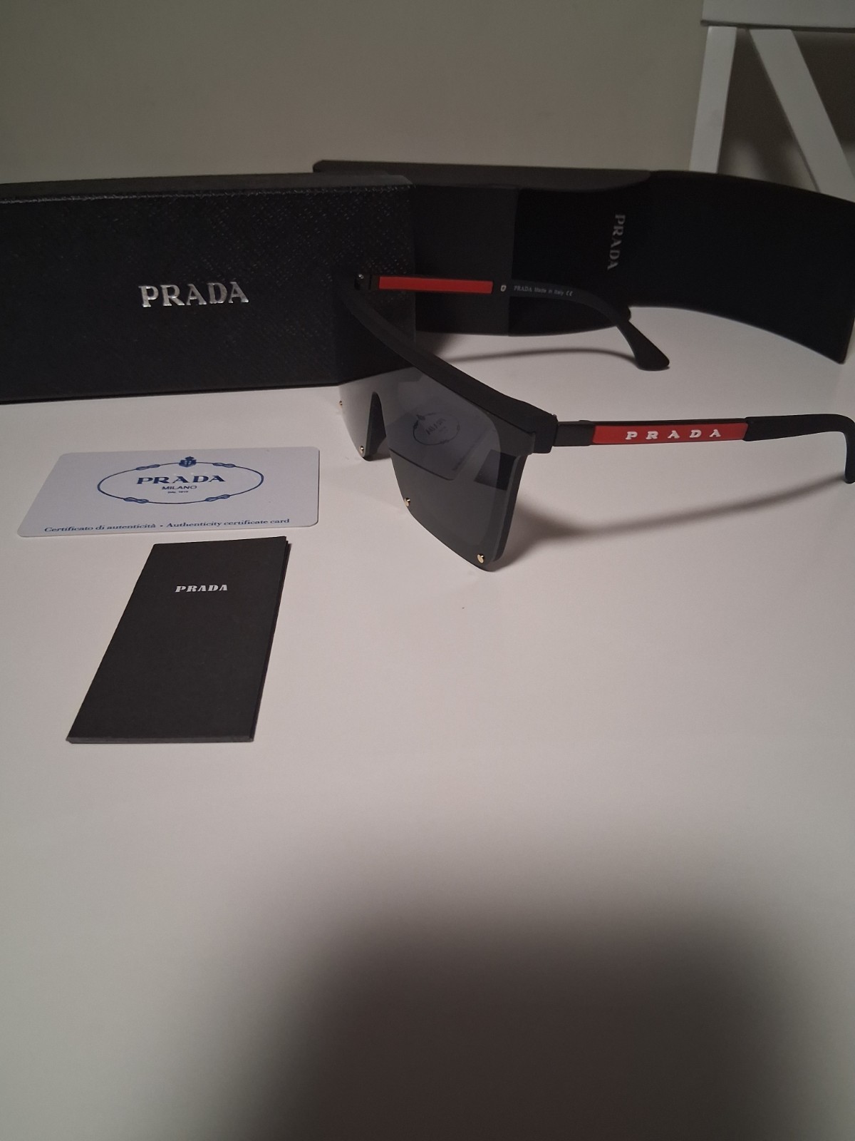 PRADA Men’s Shield Sunglasses Black Plastic Frame Gray Tinted Lens Case