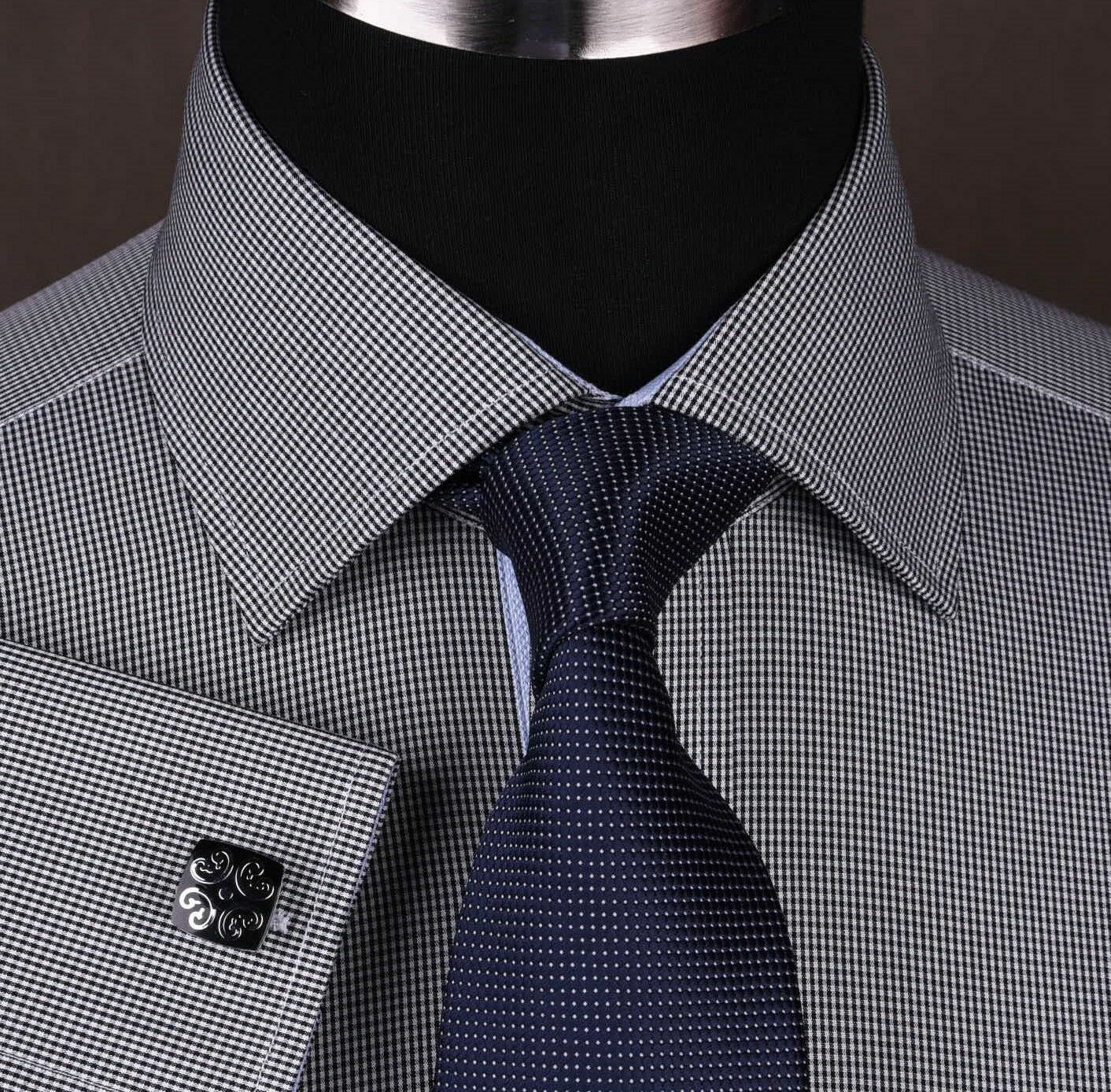 Class Grey Black Gingham Check Business Dress Shirt Light Blue Oxford Lining