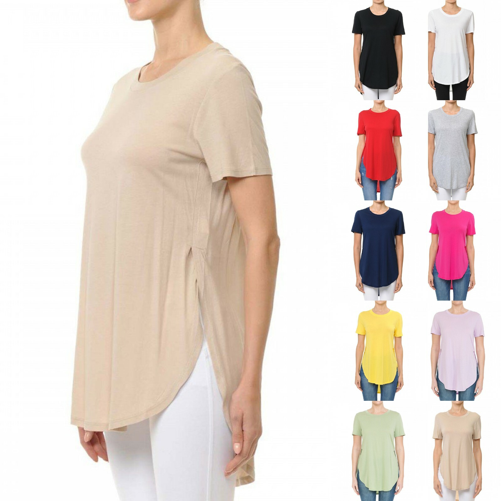 Overlapping Side Slit Round Neck Short Sleeve Loose Fit Top 69411
