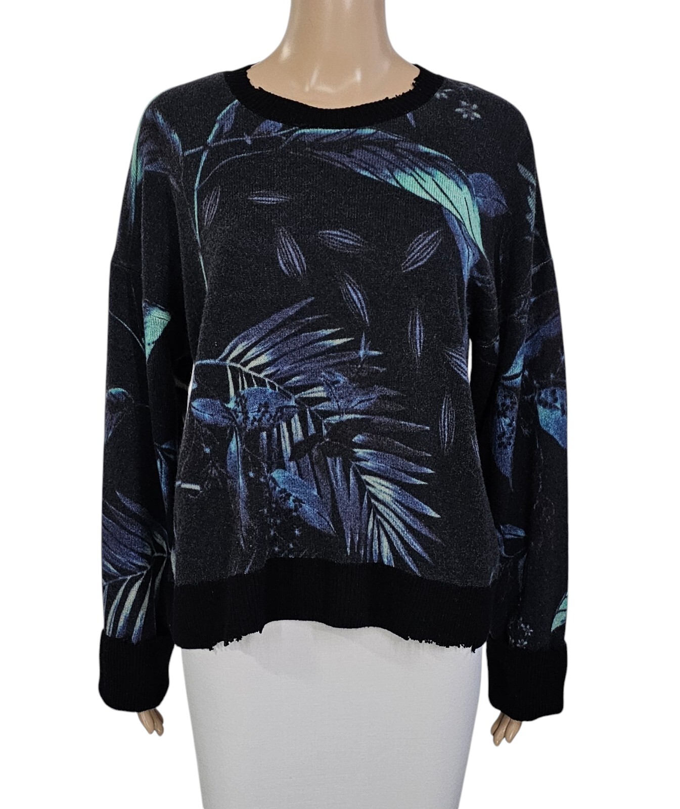 RTA Emma Cashmere Tropical Print Distressed Crew Neck Long Sleeve Sweater M $495