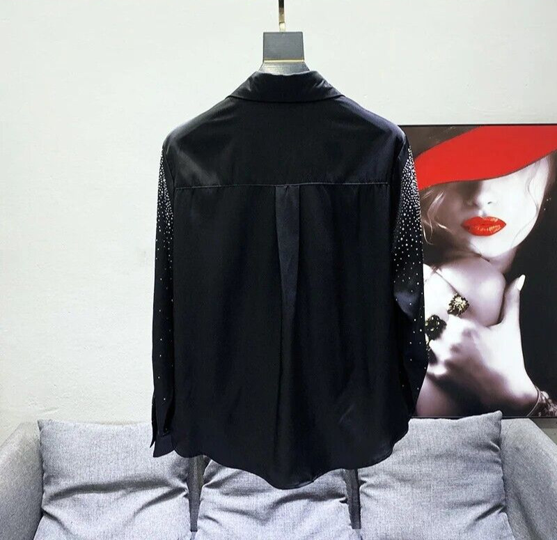 New Luxury Men Diamond Rhinestones Fashion Button-Down Black Shirt High Quality