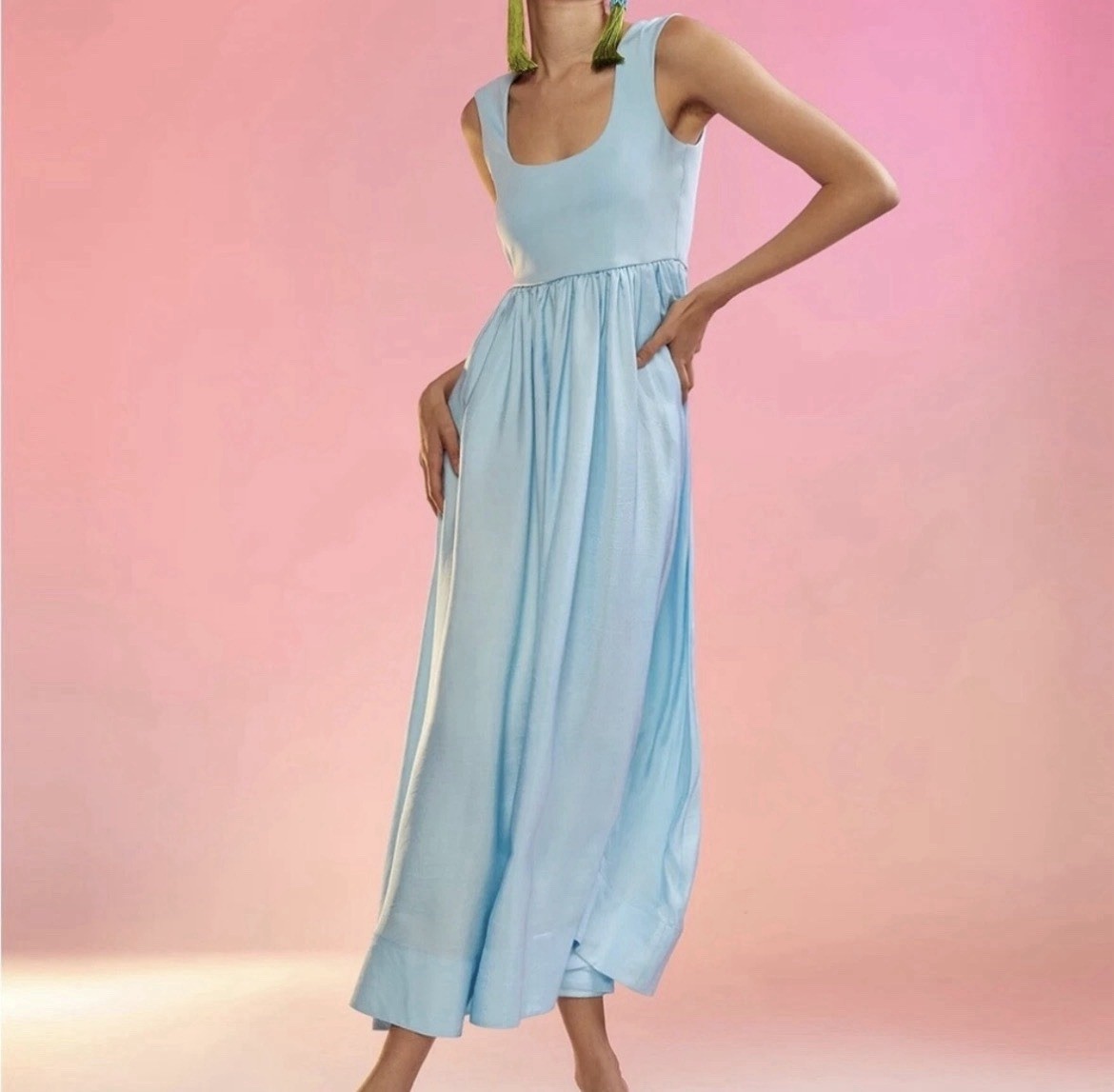 Cynthia Rowley Blue Scoop Neck Sleeveless Pleated Satin A-Line Midi Dress XS