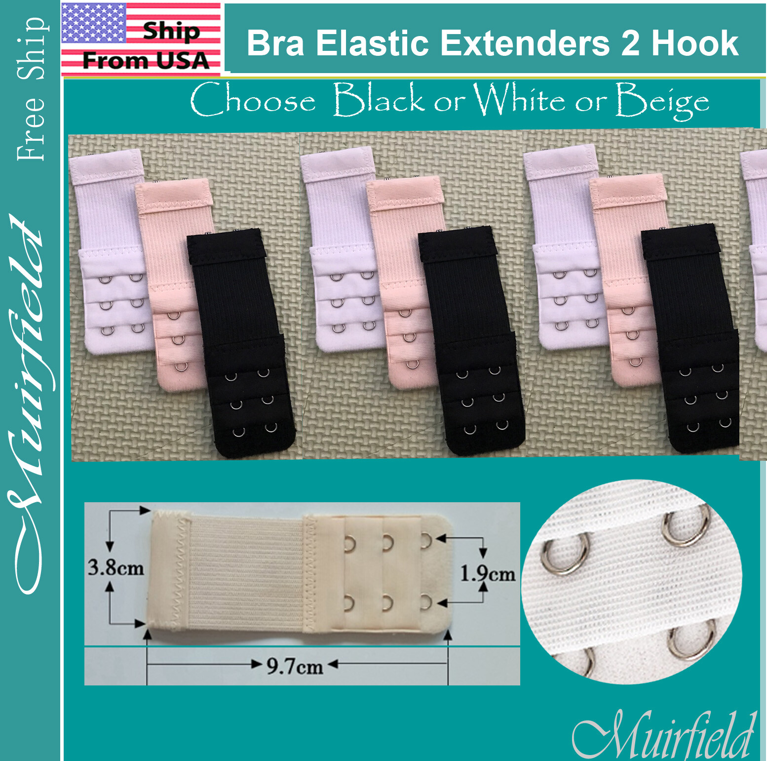 Bra Extra Elastic Extenders 2 Hook Extension Black White Beige US SELLER
