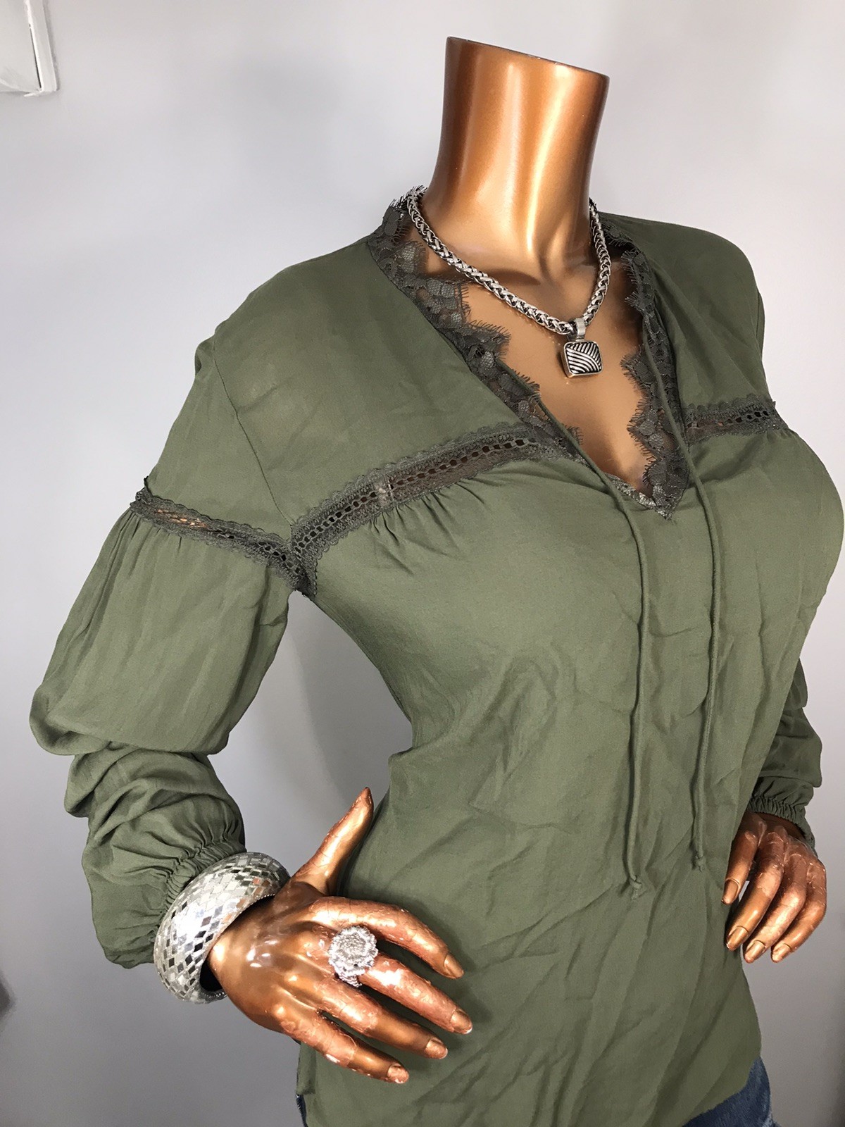 Express S Top Olive Green Lace Trims Low Cut Neck Tie Strings Blouse Soft LiteWt