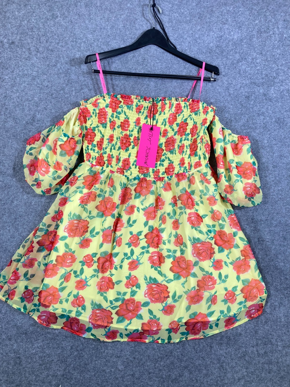 Betsey Johnson Baby Doll Dress Womens XL Yellow Floral Smocked Puff Sleeve NWT
