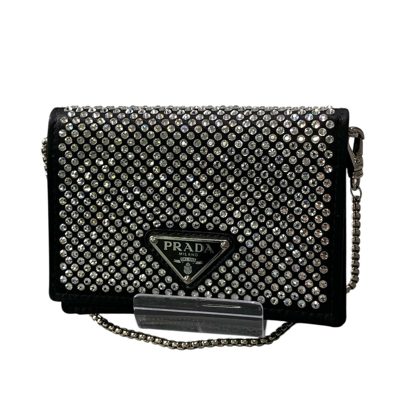 PRADA Rhinestone Flap Card Holder Mini Bag Black Silver ta1